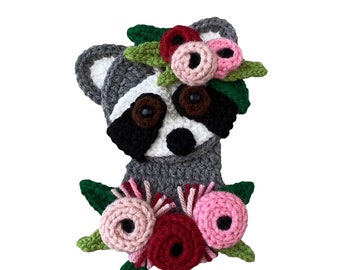 Boho Raccoon Crochet Applique, Pre-made Animal Applique, Crochet Applique, Crochet Embellishments, Baby Applique, Ready to use Applique