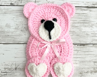 Baby Pink Teddy Bear Crochet Applique, Pre-made Animal Applique, Crochet Applique, Crochet Embellishments, Baby Applique, Ready to use.