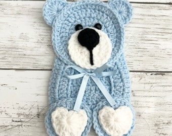 Baby Blue Teddy Bear Crochet Applique, Pre-made Animal Applique, Crochet Applique, Crochet Embellishments, Baby Applique, Ready to use.