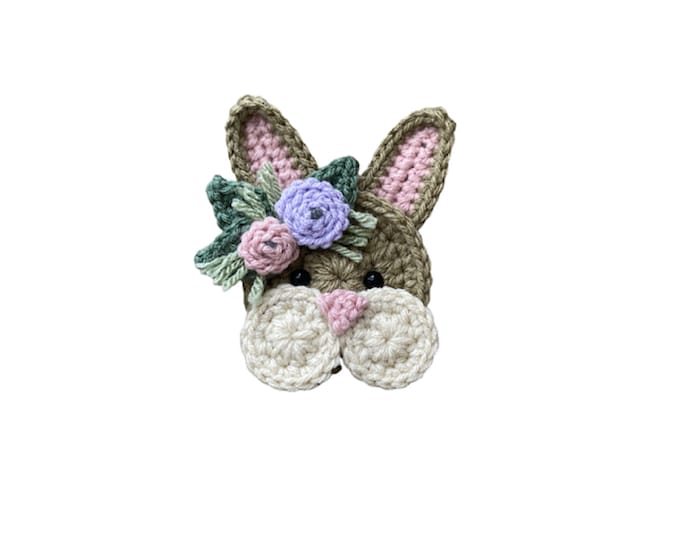 Featured listing image: Bobo Bunny Mini Head, Crochet Applique Heads, Pre-made Animal Applique, Crochet Applique, Embellishments, Baby Applique, Applique