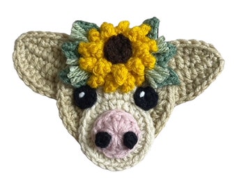 Country Cow Sunflower Mini Head, Crochet Applique Heads, Pre-made Animal Applique, Crochet Applique, Embellishments, Baby Applique, Applique