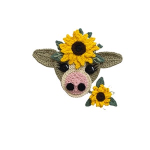 Jumbo Sunflower Cow, Crochet Applique, Pre-made Animal Applique, Crochet Applique, Crochet Embellishments, Applique, Ready to use Applique