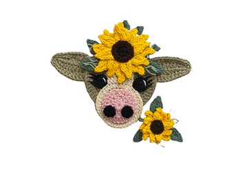 Jumbo Sunflower Cow, Crochet Applique, Pre-made Animal Applique, Crochet Applique, Crochet Embellishments, Applique, Ready to use Applique