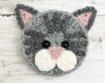 Grey Tabby Mini Head, Crochet Applique, Pre-made Animal Applique, Crochet Applique, Embellishments, Baby Applique, Ready to use Applique