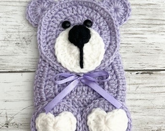 Baby Lavender Teddy Bear Crochet Applique, Pre-made Animal Applique, Crochet Applique, Crochet Embellishments, Baby Applique, Ready to use.