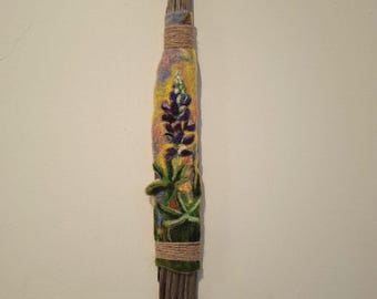 2D Hand-Felted Lupin Wool Art on Driftwood – Botanical Coastal Wall Decor