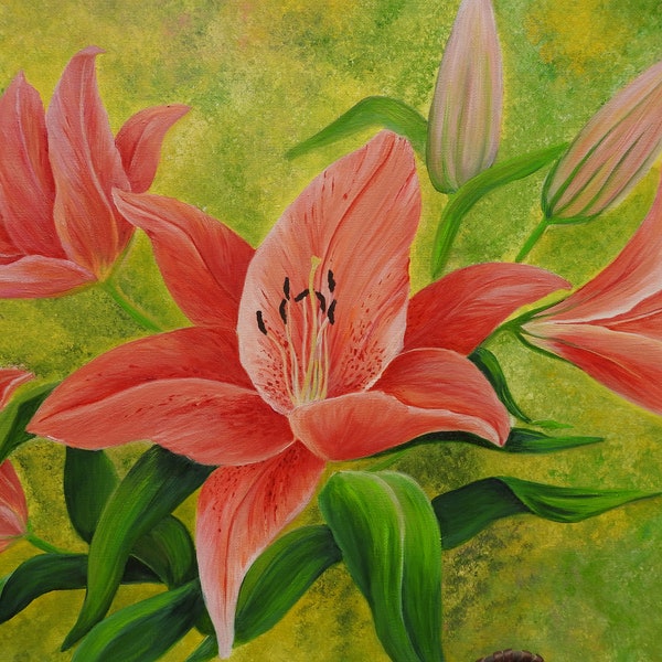 Stargazer lilies , Flowers painting ,Lily flowers , Original acrylic painting on canvas . Lilies painting