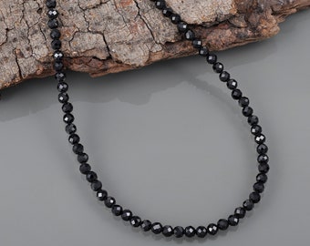 Collier spinelle noir naturel, collier rond à facettes en spinelle, collier chaîne en argent sterling 925, collier de perles réglable, cadeau pour femme
