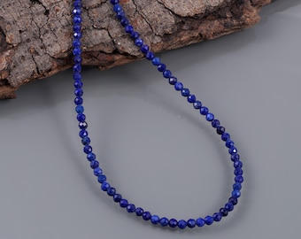 Collar de lapislázuli natural, joyería de cuentas de lapis, collar de piedras preciosas AAA calidad Lapis collar con cuentas 3 mm natural facetado redondo azul lapislázuli