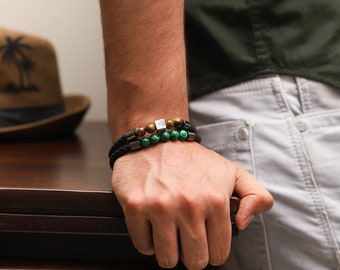 Tiger's Eye Braided Bracelet, Om Charm Bracelet, Black Leather Bracelet, Statement Bracelet For Him, Jewelry For Father, Gift For Boyfriend