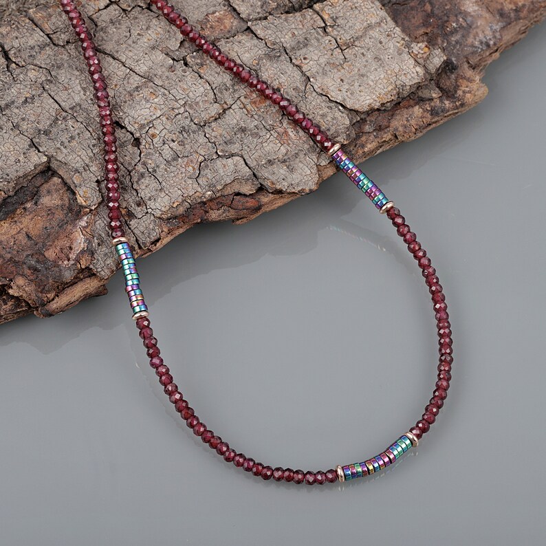 Genuine Garnet Beaded Necklace Hematite Stone Necklace Multi Stone Necklace,Garnet Beads Sterling Silver Rose Gold Plated Beaded Necklace