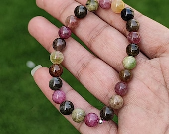 Natural Multi Tourmaline Bracelet, Healing Bracelet, Beaded Bracelet, October Birthstone Bracelet, Stretchable Jewelry, Matte Finish Jewelry