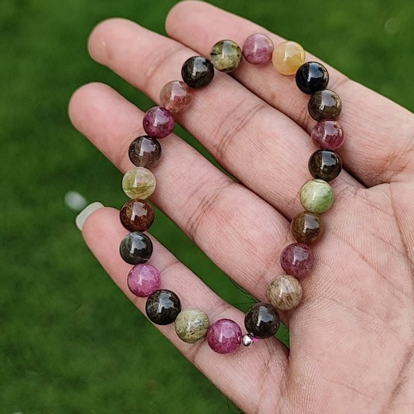 Natural Multi Tourmaline Bracelet, Healing Bracelet, Beaded Bracelet, October Birthstone Bracelet, Stretchable Jewelry, Matte Finish Jewelry