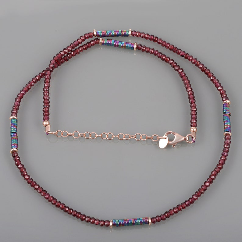 Genuine Garnet Beaded Necklace Hematite Stone Necklace Multi Stone Necklace,Garnet Beads Sterling Silver Rose Gold Plated Beaded Necklace