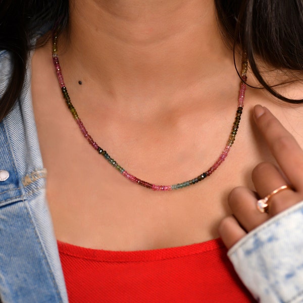 Natürliche Multi-Turmalin-Halskette, Turmalin-facettierte Rondelle-Halskette, mehrfarbige Halskette, Halbedelstein, Verlobungsgeschenk