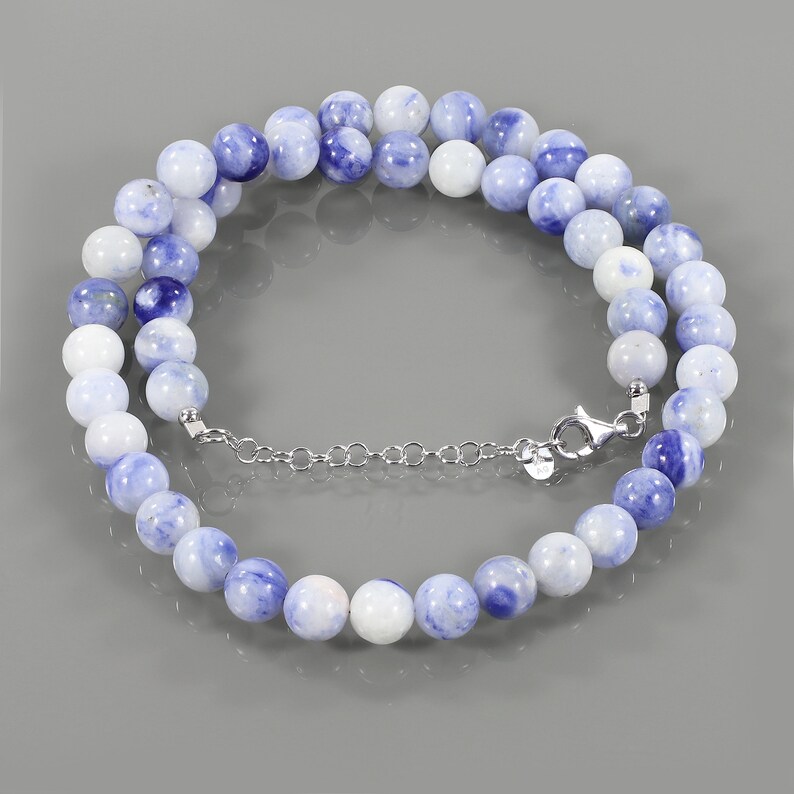 Natural Sodolite Necklace 925 Sterling Silver Smooth Round Necklace Sodolite Beads Necklace Beautiful Handmade Beaded Jewelry Christmas Gift