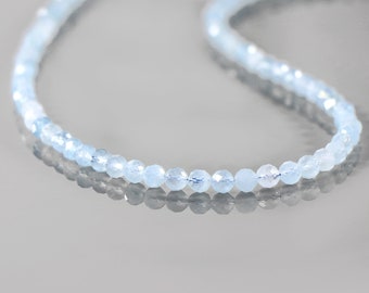 AAA+ Natural Aquamarine Necklace, Aquamarine Round Gemstone Faceted Beads Necklace, March Birthstone Necklace, Aquamarine Beaded Necklace