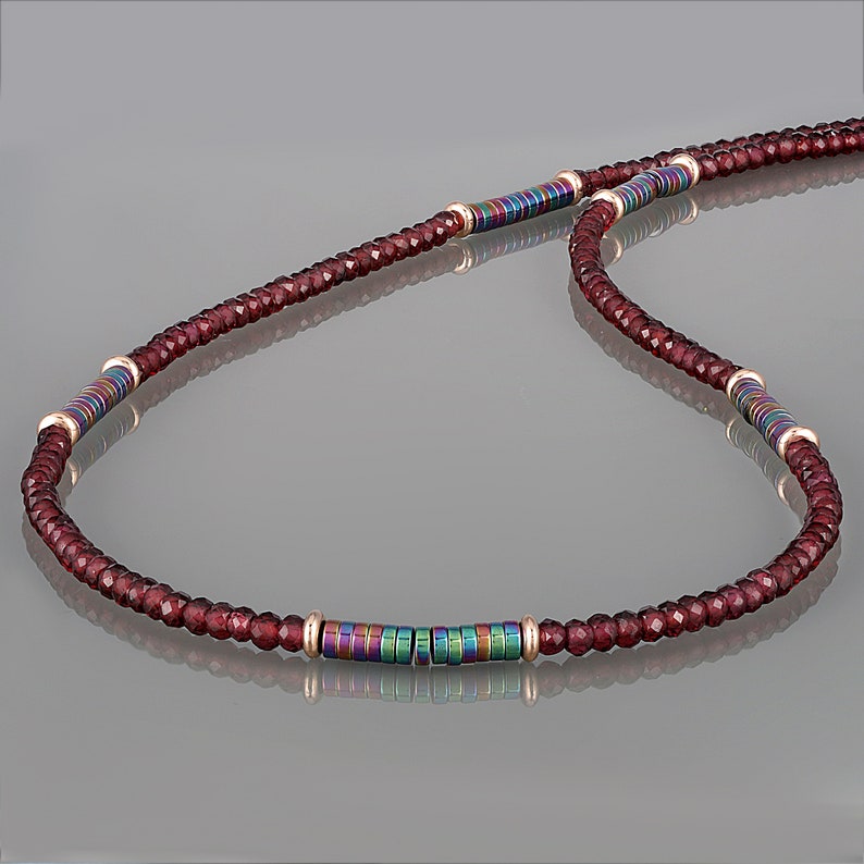 Genuine Garnet Beaded Necklace Hematite Stone Necklace Multi Stone Necklace,Garnet Beads Sterling Silver Rose Gold Plated Beaded Necklace