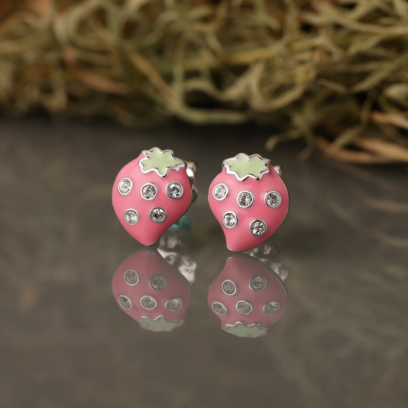 Sterling Silver Enamel Pink Strawberry Earrings Kids image 0