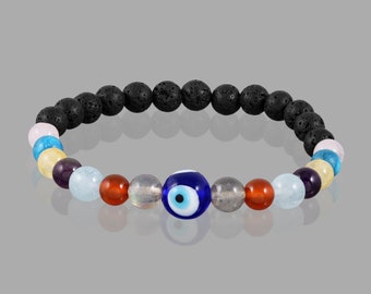 Multi Gemstone Stretchable Bracelet, Evil Eye Charm With Black Lava Bracelet, Round Matte Finish Jewelry, Beaded Gemstone Bracelet For Her