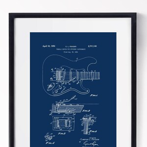 Fender Tremolo Patent Electric Guitar Blueprint Music Room Print Musical Gift Design Rock Guitar Art Instant Download in 4 Striking Colours