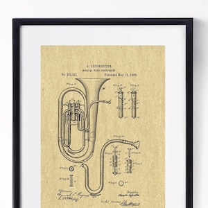 Tuba Patent Print 1888 Sousaphone Musical Instrument Blueprint Marching Band Art Jazz Gift Instant Digital Download in 4 Striking Colours