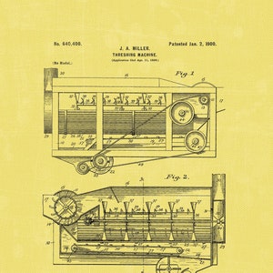 Può includere: Un disegno a linea in bianco e nero di un brevetto per una macchina trebbiatrice, n. 640.400, brevettato il 2 gennaio 1900, da J.A. Miller. Il disegno mostra il design e i componenti della macchina, tra cui una serie di rulli e una ventola.