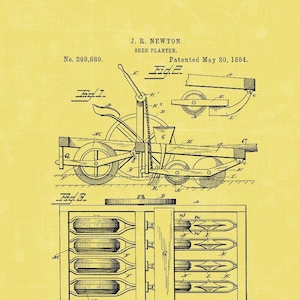 Seed Planter Patent Print Vintage Agricultural Art Farm Machinery 1884 Farming Illustration Instant Digital Download in 4 Striking Colours