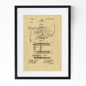 Op de afbeelding: Een vintage patenttekening voor een trompet, met een zijaanzicht van het instrument met een hand die het vasthoudt. Het patentnummer is 623.400 en de datum is 18 februari 1900. De tekst luidt "J. H. MELLOR, CORNET. Gepatenteerd op 18 februari 1900."