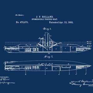 Submarine Patent Print, 1892 Torpedo Boat Blueprint (digital Download ...