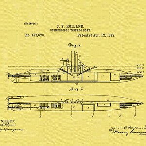 Submarine Patent Print, 1892 Torpedo Boat Blueprint (digital Download ...