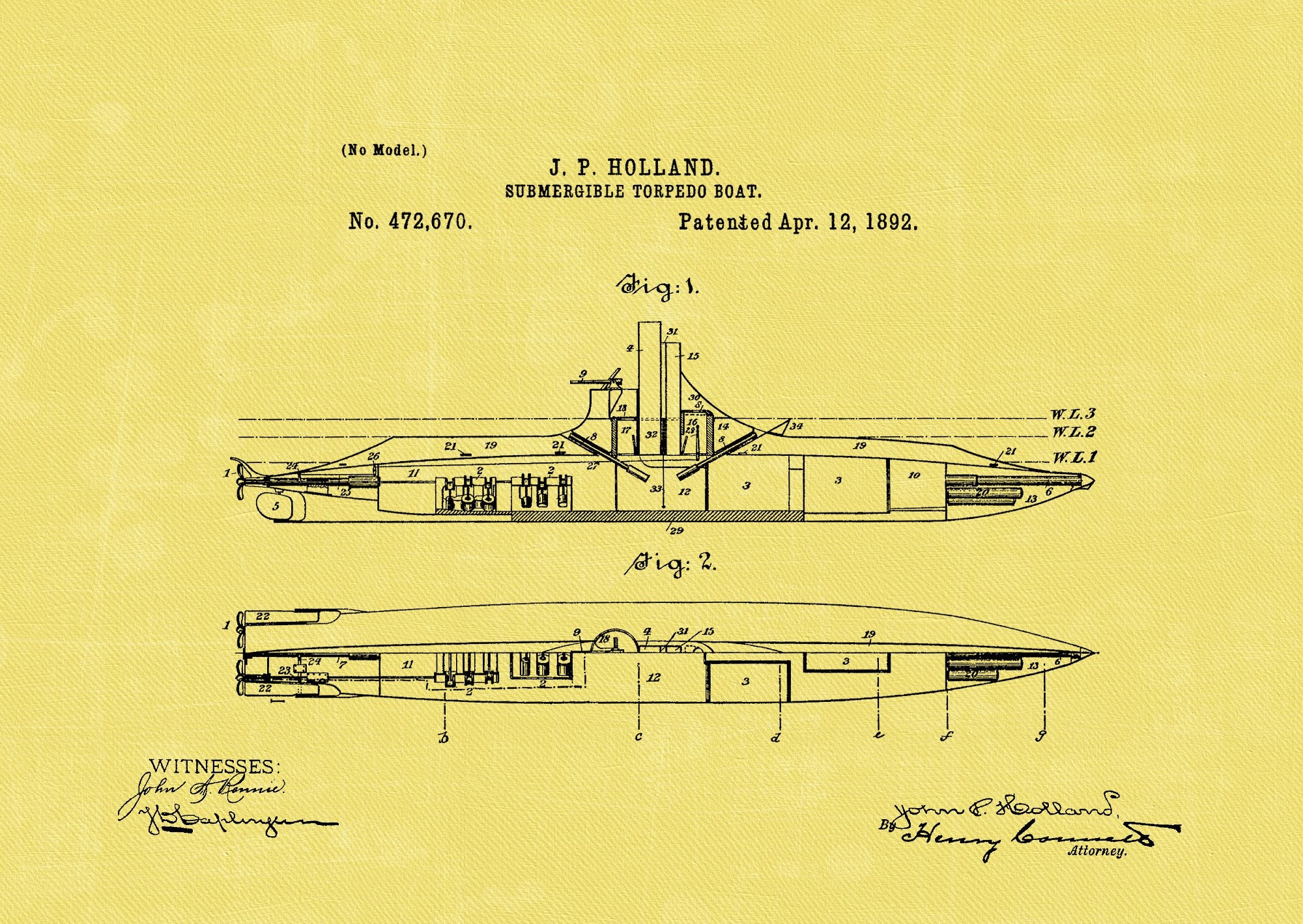 Submarine Patent Print, 1892 Torpedo Boat Blueprint (digital Download ...