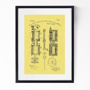 Puede incluir: Un dibujo de patente amarillo vintage para un "Dispositivo para transformar en trabajo de máquina de vapor" con el número de patente 106809 y la fecha "30 de junio de 1870". El dibujo muestra una ilustración detallada de los componentes mecánicos del dispositivo.