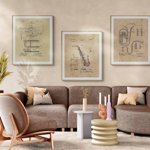 3er Set Patentdruck Blechblasinstrumente, Kornett, Saxophon, Tuba, Jazz Geschenk Blaupausen, Wandkunst, Musik-Dekor, sofortige digitale Downloads