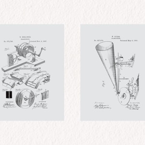 Gramophone Set of 2 Patent Prints | 1887 Record Player Blueprints | Musical Gift | Music Picture Art | Digital Download in 5 Vivid Colours
