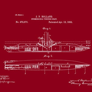 Submarine Patent Print, 1892 Torpedo Boat Blueprint (digital Download ...
