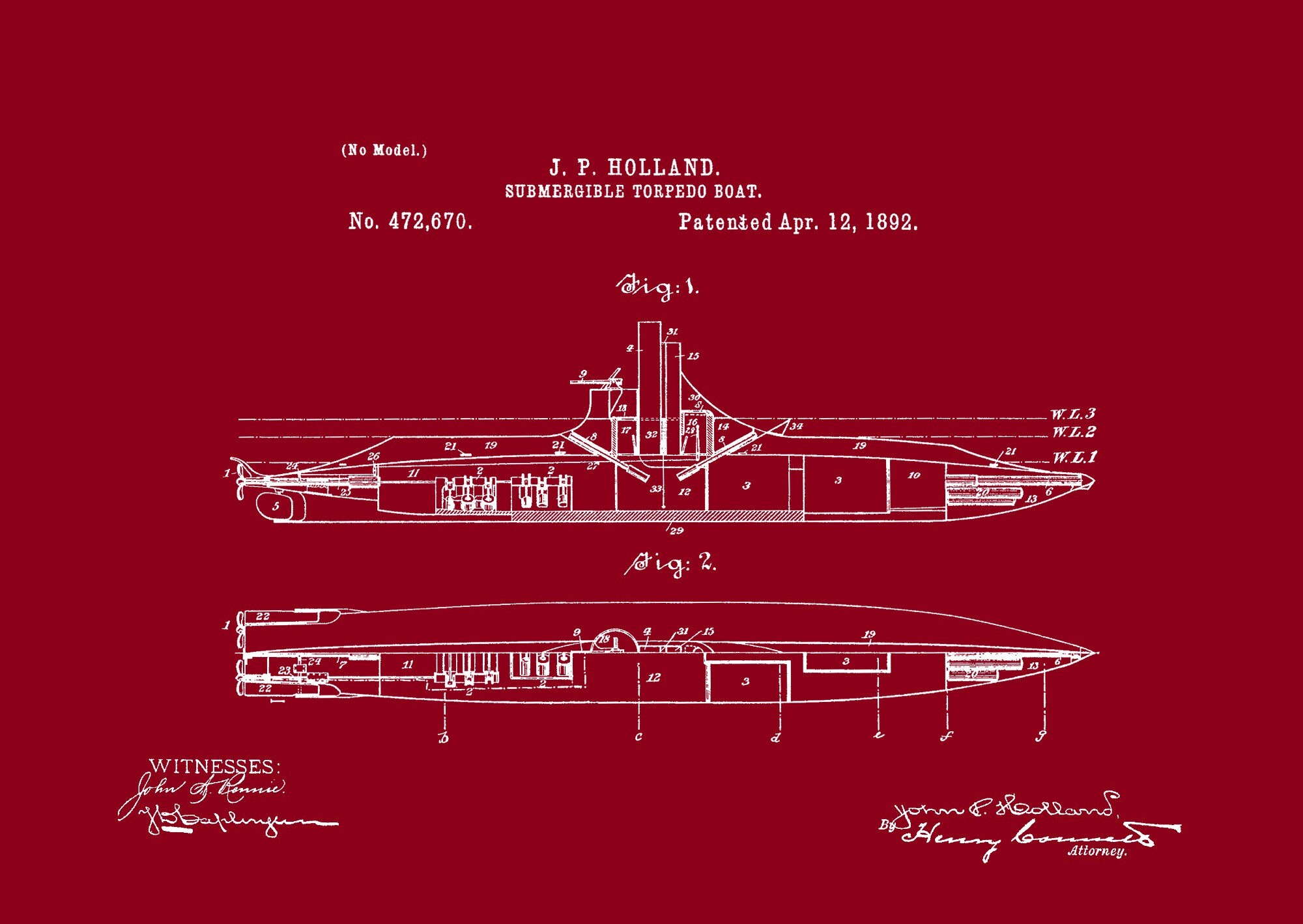 Submarine Patent Print, 1892 Torpedo Boat Blueprint (digital Download ...