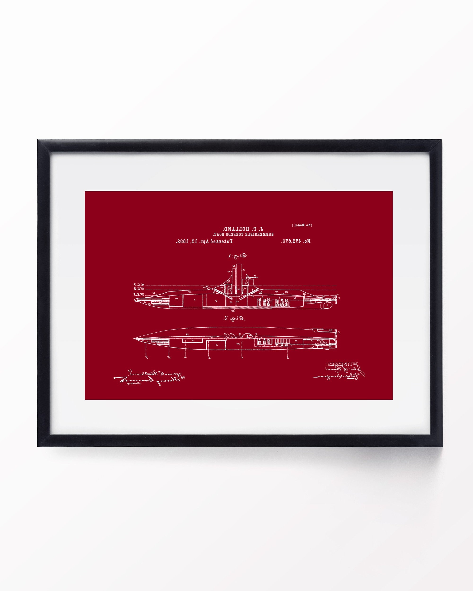 Submarine Patent Print, 1892 Torpedo Boat Blueprint (digital Download ...