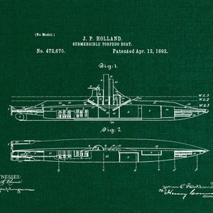 Submarine Patent Print, 1892 Torpedo Boat Blueprint (digital Download ...