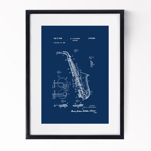 Saxophone Wall Art Patent Print 1949 Sax Blueprint Musical Gift Jazz Music Decor Instant Digital Download in 4 Striking Colours