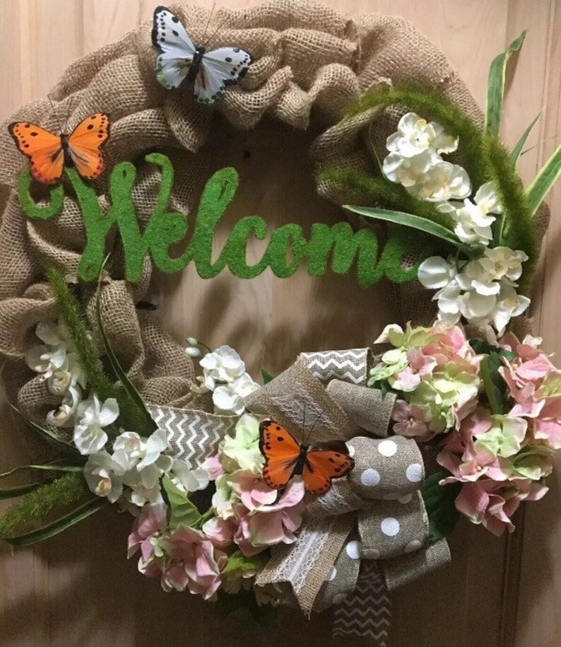 Butterflies At Play Wreath \u2022 Floral Wreath \u2022 Welcome Wreath \u2022 Burlap Wreath \u2022 Spring Decor \u2022 Welcome Wreath \u2022 Custom Wreath \u2022 Bow