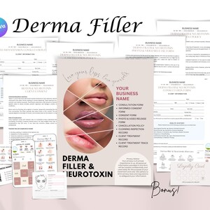 Produits de comblement dermique modifiables, Botox, formulaires de consultation, formulaire de consentement, conseils de suivi, formulaires d'esthéticienne, modèles Canva modifiables