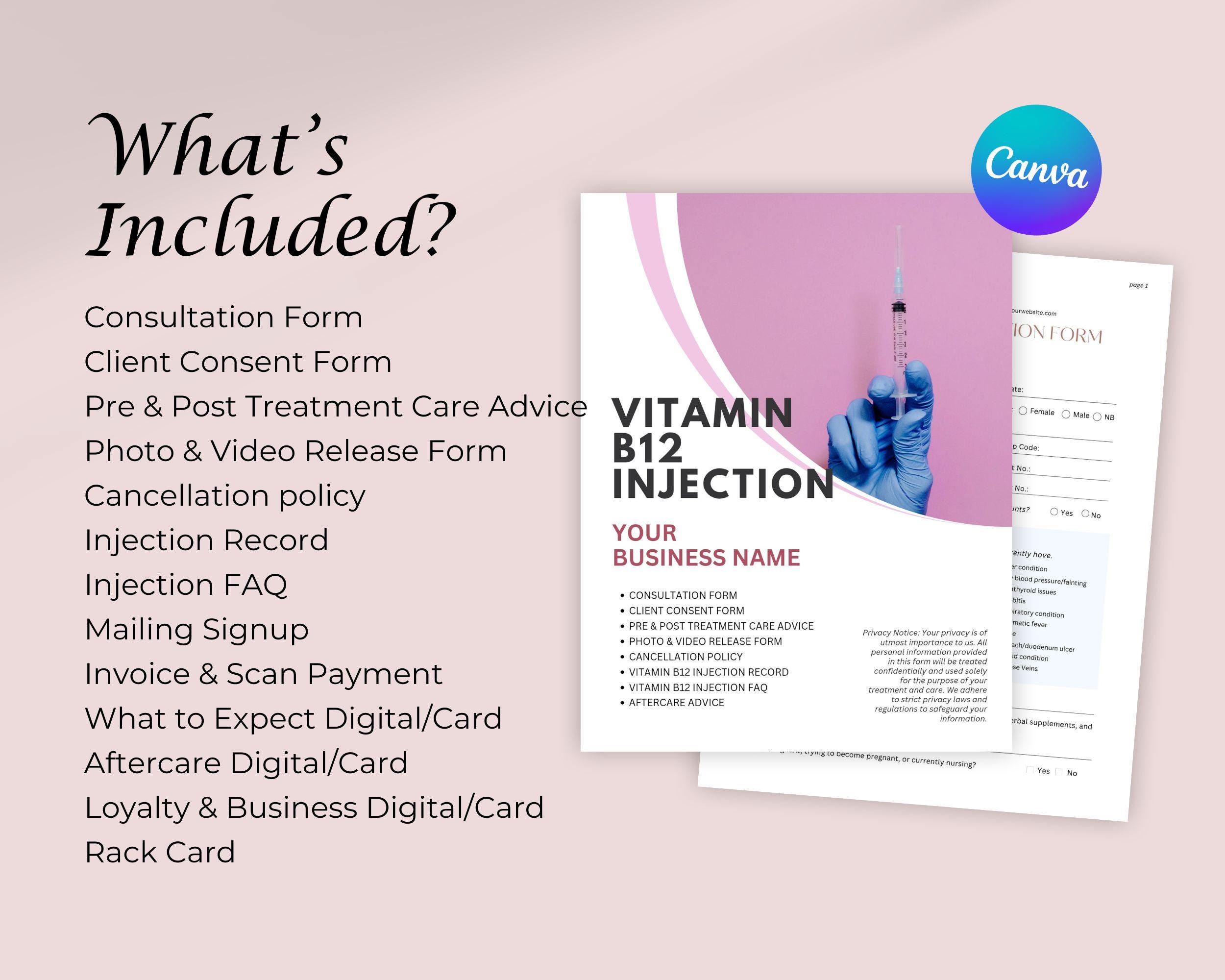 B12 Vitamin Injection Form, Consultation Form, Client Consent Form, Loyalty  Card, Business Card, Editable Canva Templates, Aftercare Card - Etsy New  Zealand