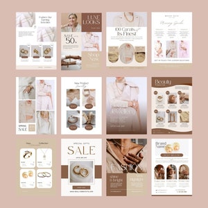 May include: A collection of images showcasing various jewelry pieces, including earrings, necklaces, and bracelets. The images feature a variety of styles and designs, with a focus on gold and pearl accents. The text on the images includes phrases like "Spring Sale", "Luxe Looks", "Elegant Jewellery", and "Special Gifts Sale".