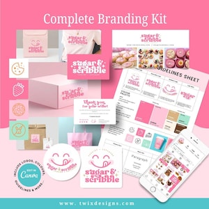May include: A complete branding kit with a pink and white color scheme. The kit includes logos, business cards, packaging, and social media templates. The "sugar & scribble" logo is featured on various items, with the text "Complete Branding Kit" at the top.