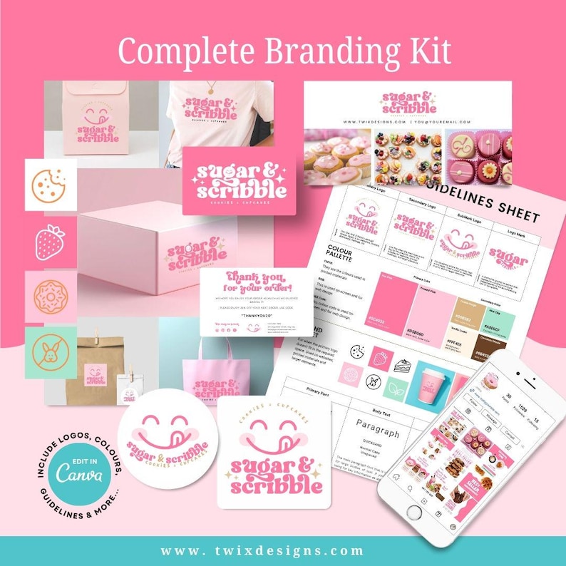 May include: A complete branding kit with a pink and white color scheme. The kit includes logos, business cards, packaging, and social media templates. The "sugar & scribble" logo is featured on various items, with the text "Complete Branding Kit" at the top.