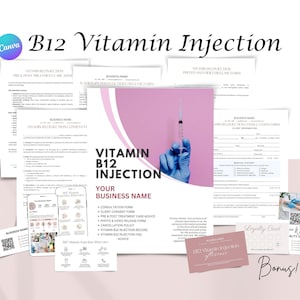 Formularz wstrzyknięcia witaminy B12, Formularz konsultacji, Formularz zgody klienta, Karta lojalnościowa, Wizytówka, Edytowalne szablony Canva, Karta opieki następczej