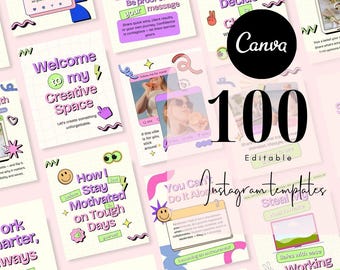 100 zabawnych, kolorowych postów na Instagramie w mediach społecznościowych, postów trenerskich, marketingu na Instagramie, zestawu do budowania marki osobistej, edytowalnych szablonów coachingowych Canva