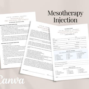 Formulaires d'injections de mésothérapie, formulaire de consentement du client, modèle de facture, carte de visite, modèles canva modifiables, instructions de suivi