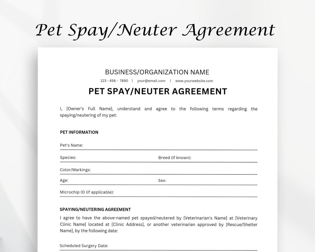 Pet Spay or Neuter Agreement Form, Neuter Agreement Printable Form Pet Spay or Neuter Agreement Form, Neuter Agreement Printable Form